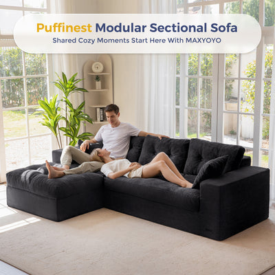MAXYOYO L Shaped Sectional Sofa with Ottoman, Cloud Boneless Couch with Layered Cushion, Upholstered Modular Sofa with Tufting, Flexible Module Combination for Living Room, No Assembly Required, Black