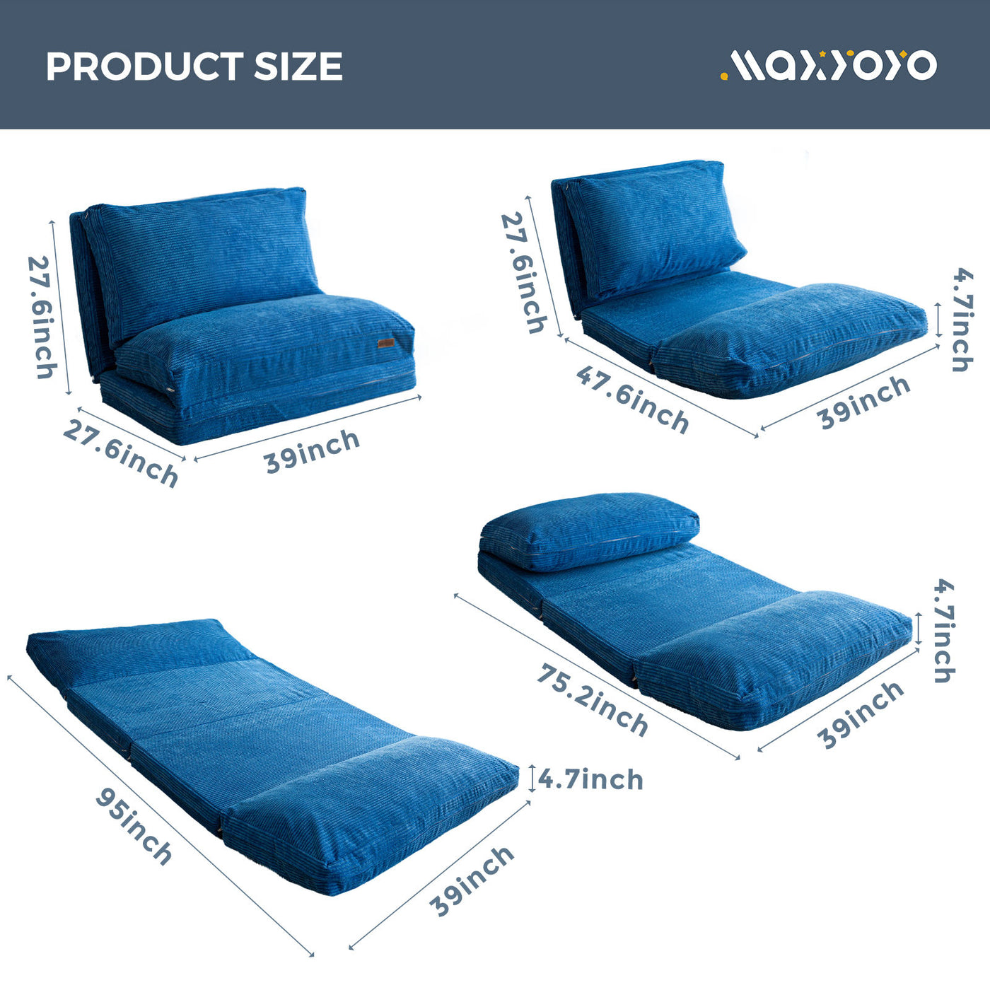 MAXYOYO Bean Bag Folding Sofa Bed with Corduroy Washable Cover, Extra Thick and Long Floor Sofa for Adults, Blue