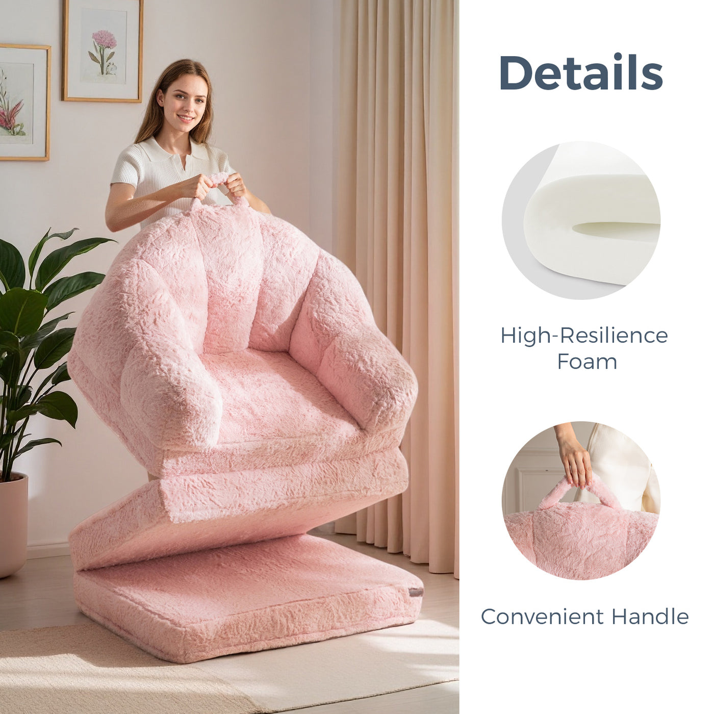 MAXYOYO Single Faux Fur Sofa Bed – Lounge & Sleeper in One, Pink