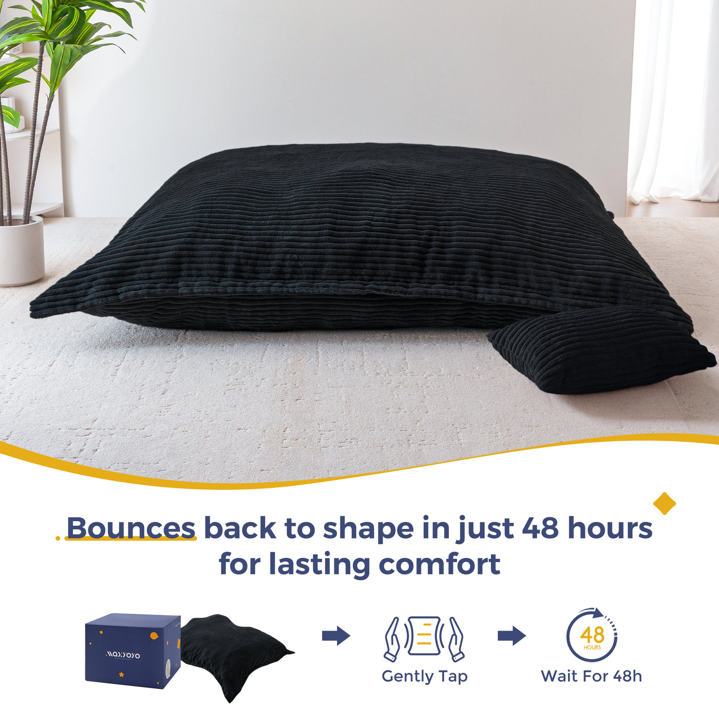 MAXYOYO Giant Bean Bag Chair with Pillow, 3 in 1 Convertible Bean Bag Bed for Adults with Washable Cover, Removable Floor Cushion Stuffed Floor Lounger for Living Room Bedroom, Black