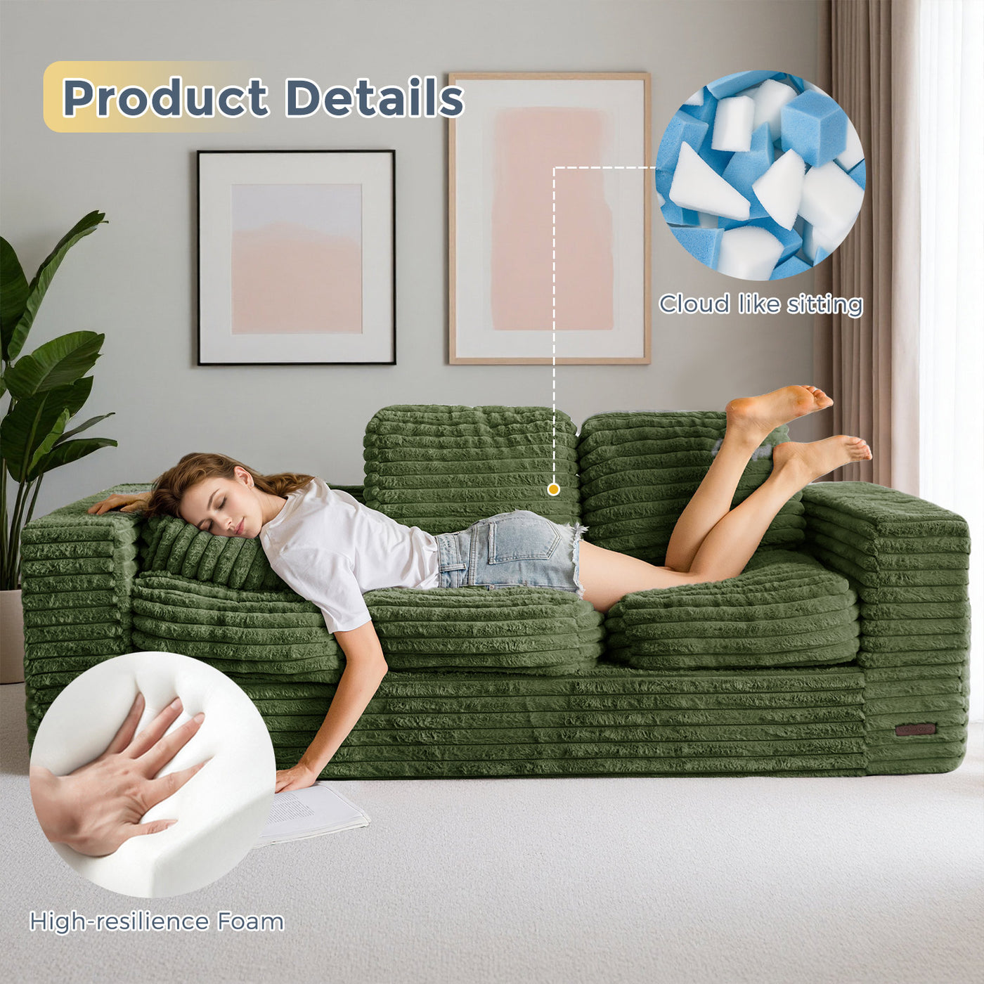 MAXYOYO 3-Seater Faux Fur Sofa – Fluffy Boneless Couch with Pillows in a Box, Faux Fur Lounge, No Assembly