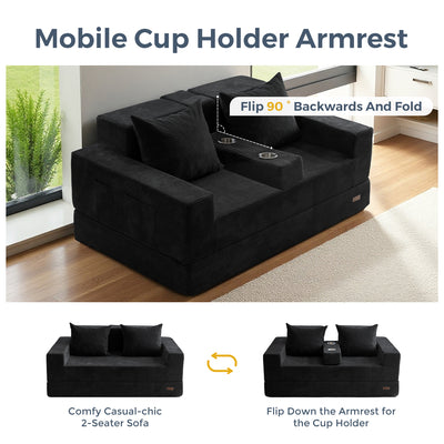 MAXYOYO 4-in-1 Loveseat Foldable Sofa Bed – Corded Convertible Floor Couch with Cup Holders, No Assembly, Black