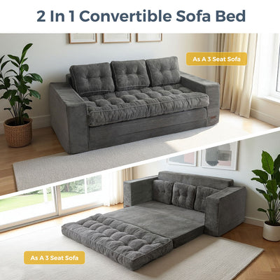 MAXYOYO 3-Seater Convertible Sofa Bed – Corded 2-in-1 Pull-Out Floor Couch with Pillows for Living Room, No Assembly