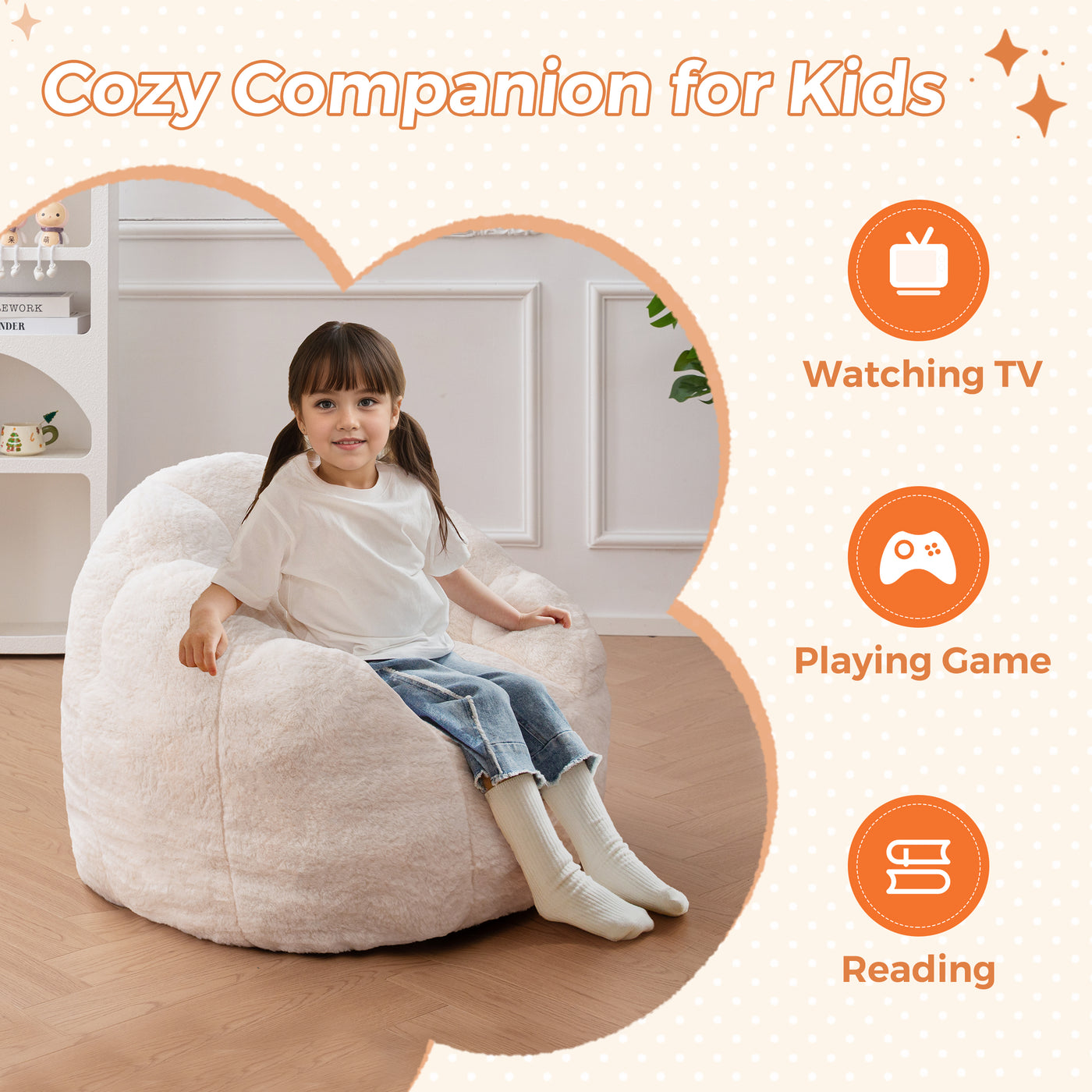 MAXYOYO Kids Bean Bag Chair, Floral Shaped Bean Bag Sofa, Plush Faux Fur Toddler Couch with Petal Backrest for Boys Girls, Stuffed Cozy Sofa for Nursery, Bedroom, Beige