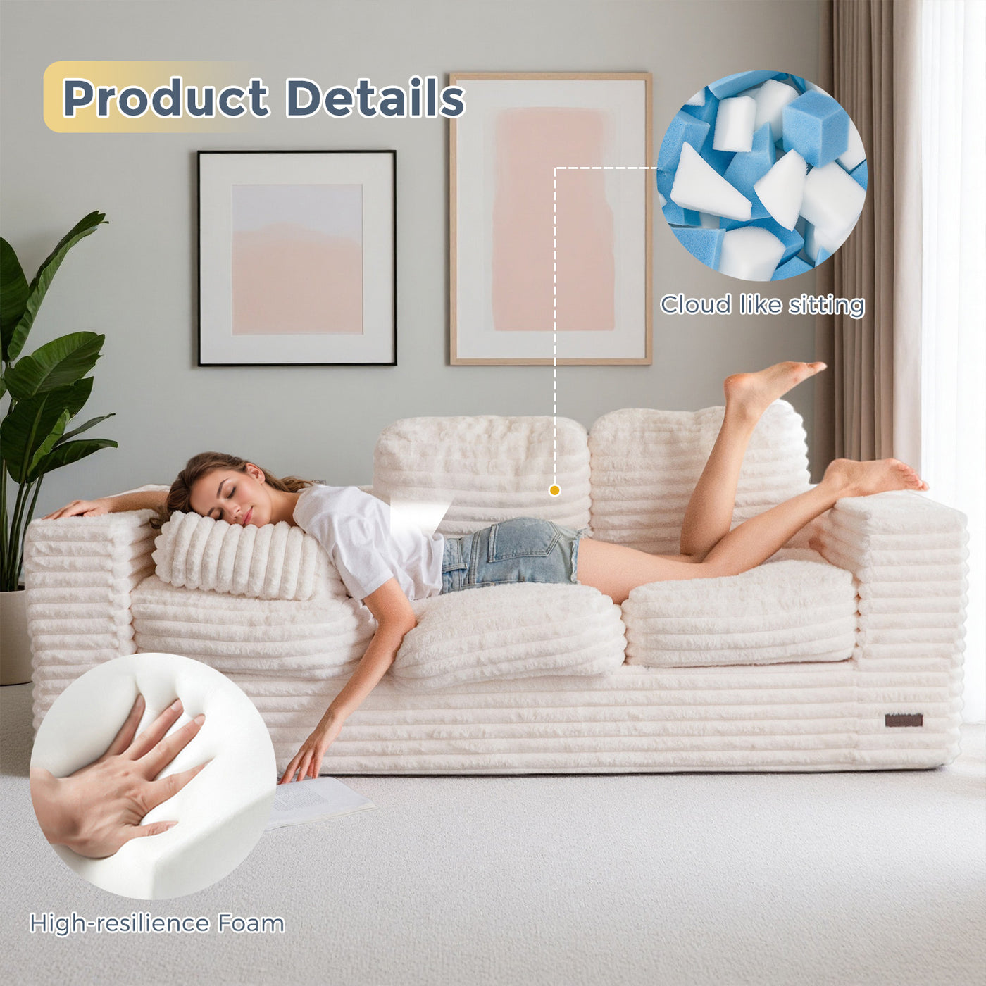 MAXYOYO 3-Seater Faux Fur Sofa – Fluffy Boneless Couch with Pillows in a Box, Faux Fur Lounge, No Assembly