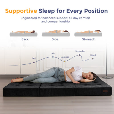 MAXYOYO Tri-Fold Mattress, 6 Inch Tufted Folding Mattress with Chenille Fabric, Portable Queen Size Floor Guest Mat for Adults, Foldable Topper for Camping