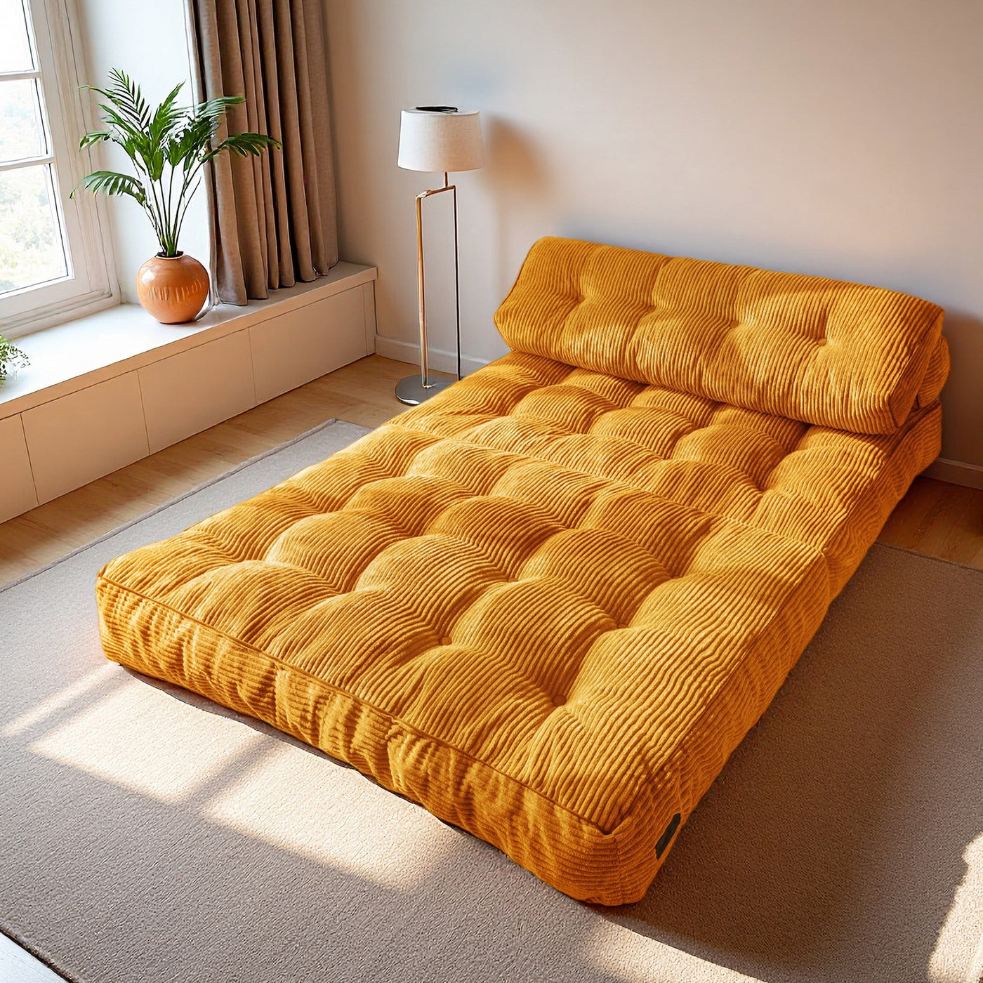 MAXYOYO Corduroy Folding Sofa Bed, Convertible Sleeper Chair with Pillow Foldable Mattress with Back Support(Double), Orange