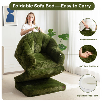 MAXYOYO Folding Sofa Bed, 2 in 1 Convertible Sofa to Lounger Comfy Single Bean Bag Chair for Adults, Floor Sleeper Couch with Handle, Faux Fur Couch Bed for Living Room Bedroom, Green