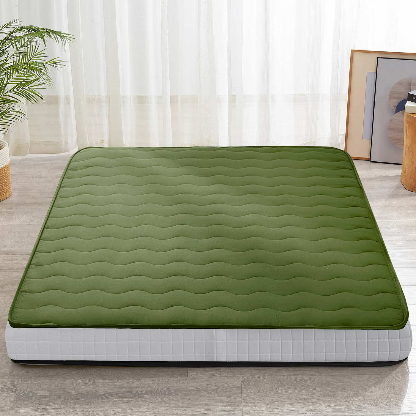 MAXYOYO 6" Extra Thick Wave Quilted Floor Futon Mattress, Topper Mattress Pad, Green