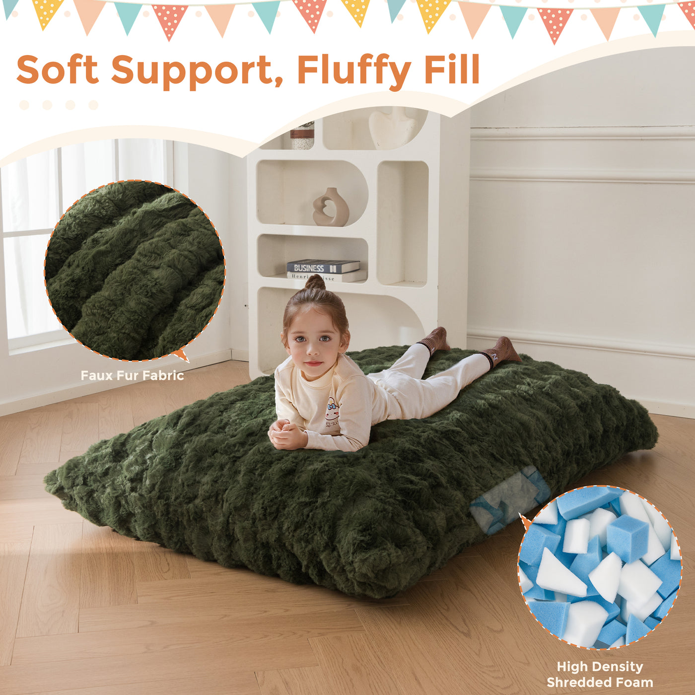 MAXYOYO 3 in 1 Kids Bean Bag Chair Bed, Child Floor Sofa for Gaming, Reading, Faux Fur Floor Mattress with High-Density Foam Filling for Living Room Bedroom