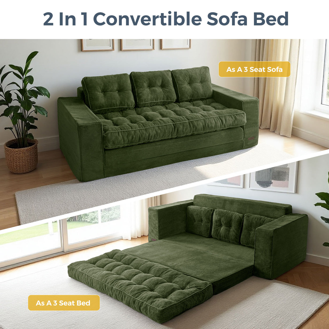 MAXYOYO 3-Seater Convertible Sofa Bed – Corded 2-in-1 Pull-Out Floor Couch with Pillows for Living Room, No Assembly