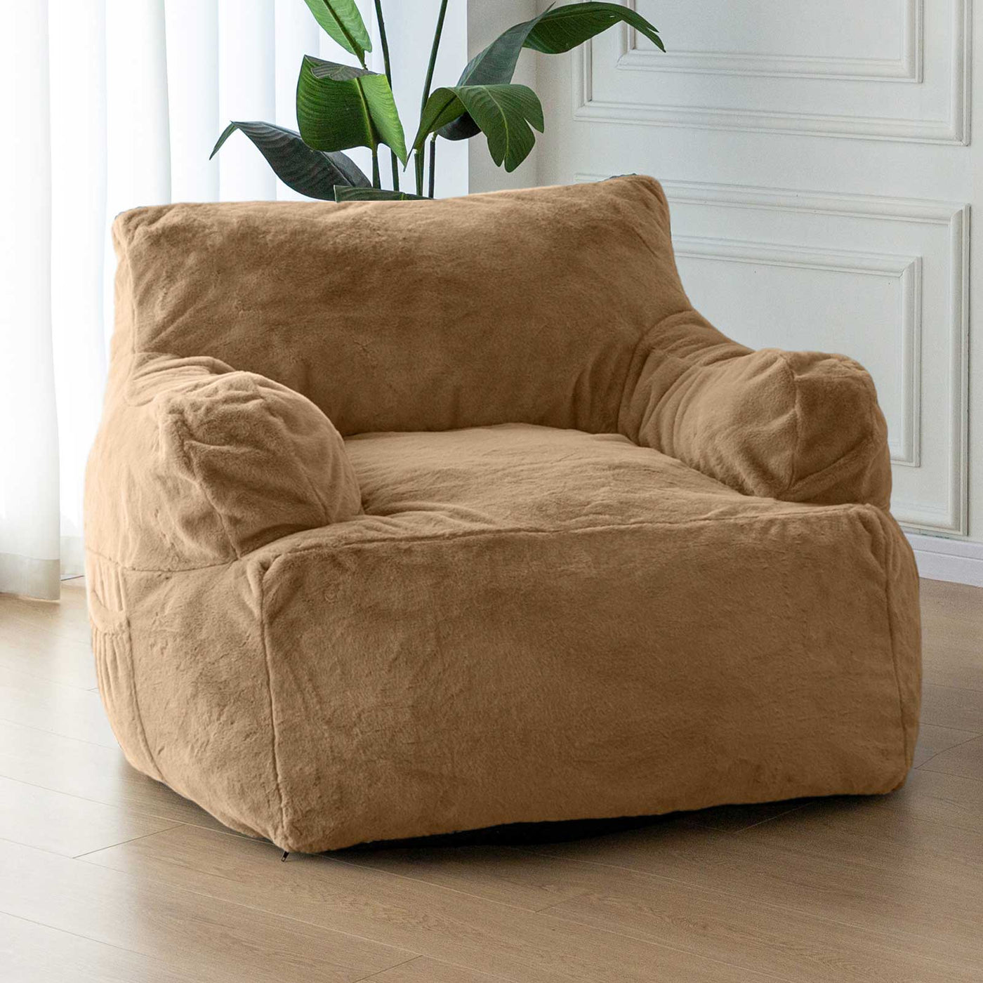 MAXYOYO Giant Bean Bag Chair, Faux Fur Stuffed Bean Bag Couch for Living Room, Khaki