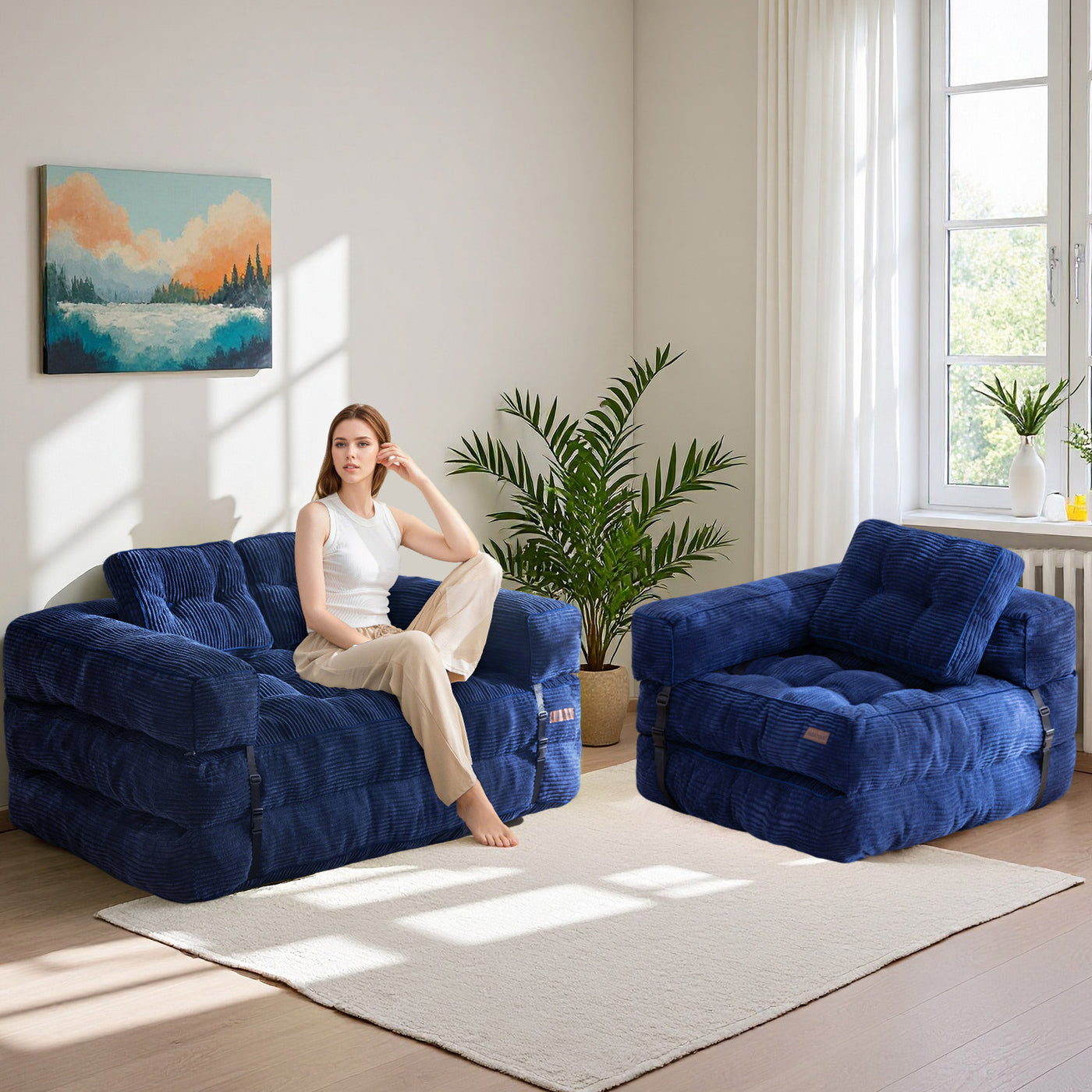 MAXYOYO L-Shaped Sofa Bed with Armrest – 2-Seat Foldable Couch for Living Room or Guest Room, Navy