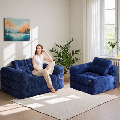 MAXYOYO L-Shaped Sofa Bed with Armrest – 2-Seat Foldable Couch for Living Room or Guest Room, Navy