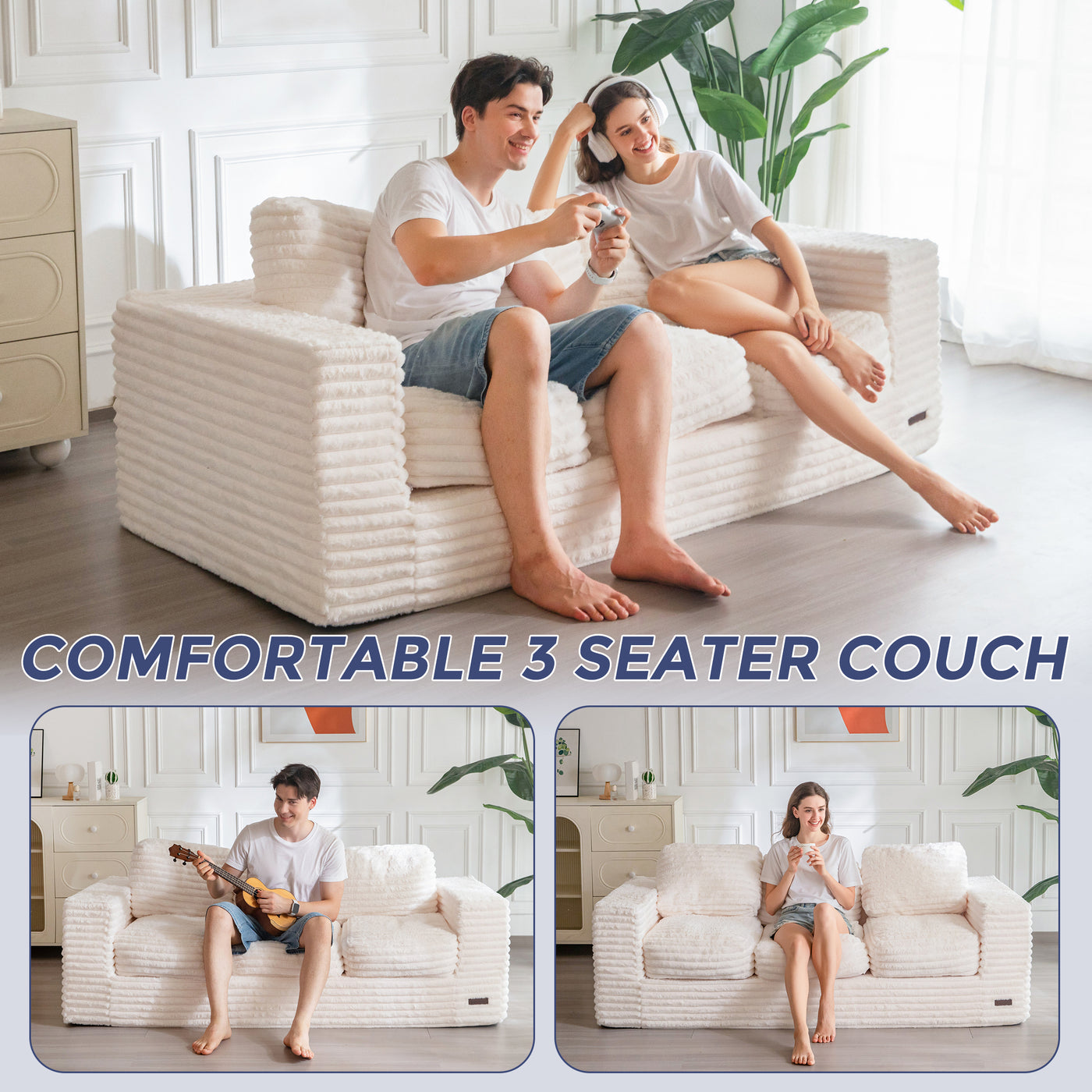 MAXYOYO 3-Seater Boneless Sofa Couch in a Box, Modern Faux Fur Sofa for Living Room, Soft High-Density Foam Couch with Pillows, Fluffy & Supportive Chair Lounge, No Assembly Required