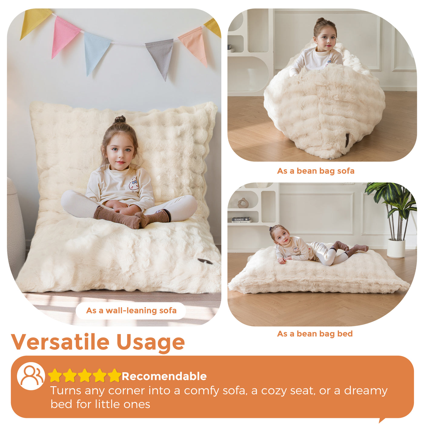 MAXYOYO 3 in 1 Kids Bean Bag Chair Bed, Child Floor Sofa for Gaming, Reading, Faux Fur Floor Mattress with High-Density Foam Filling for Living Room Bedroom