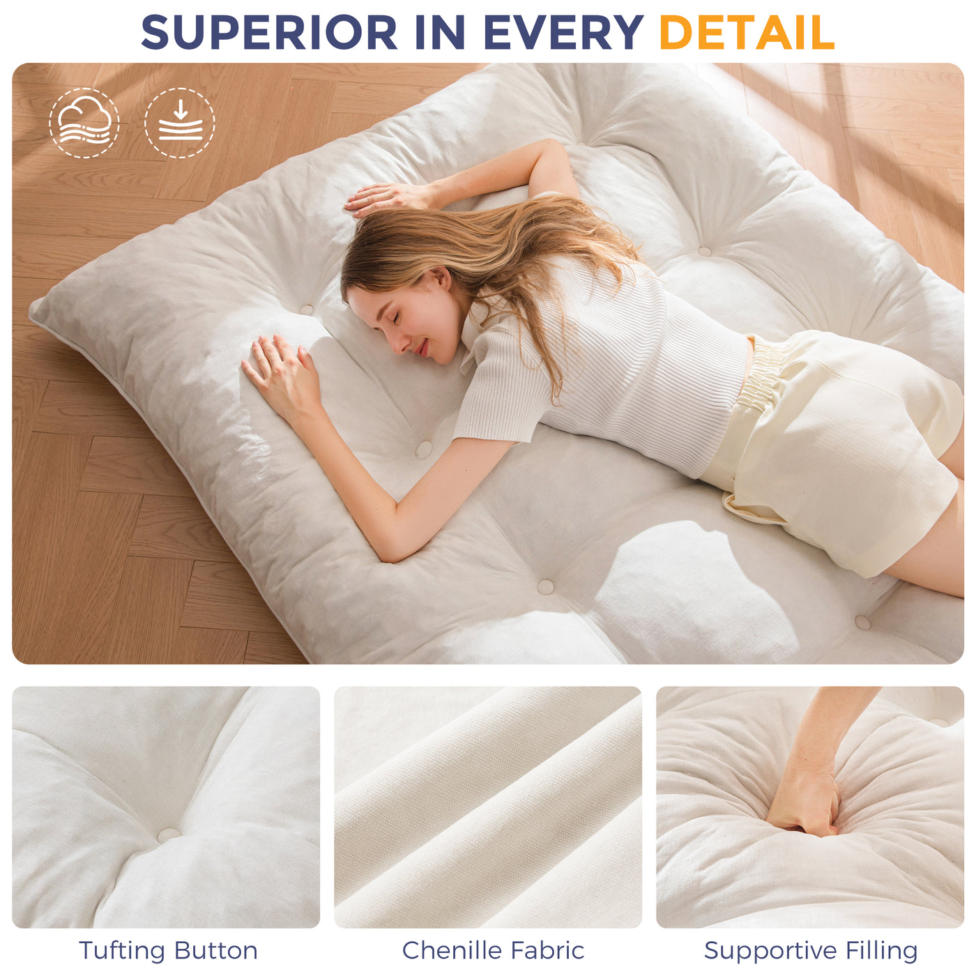 MAXYOYO Floor Futon Mattress, 6 Inch Tufted Folding Mattress with Chenille Fabric, Floor Sofa Bed Guest Couch Bed for Adults, Beige