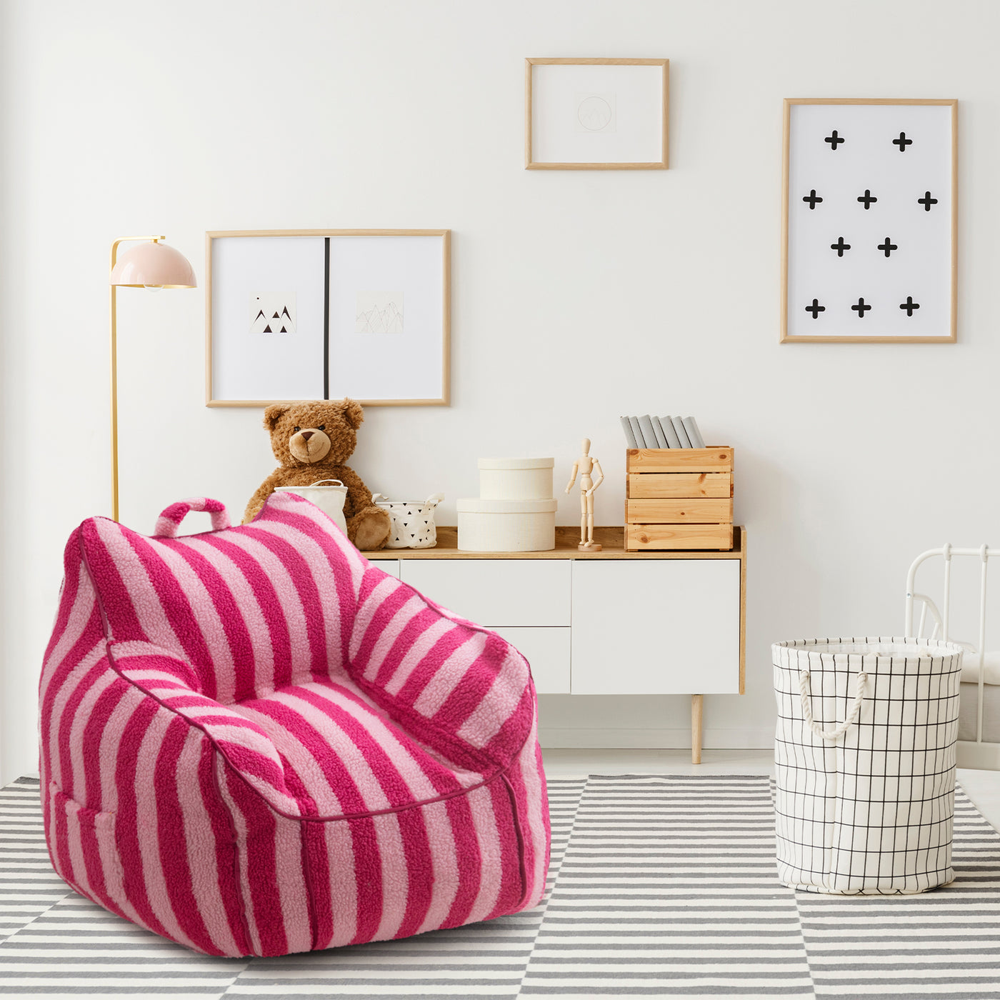 MAXYOYO Kids Bean Bag Chair, Sherpa Bean Bag Couch with Decorative Edges for children's room (Stripe Pink)