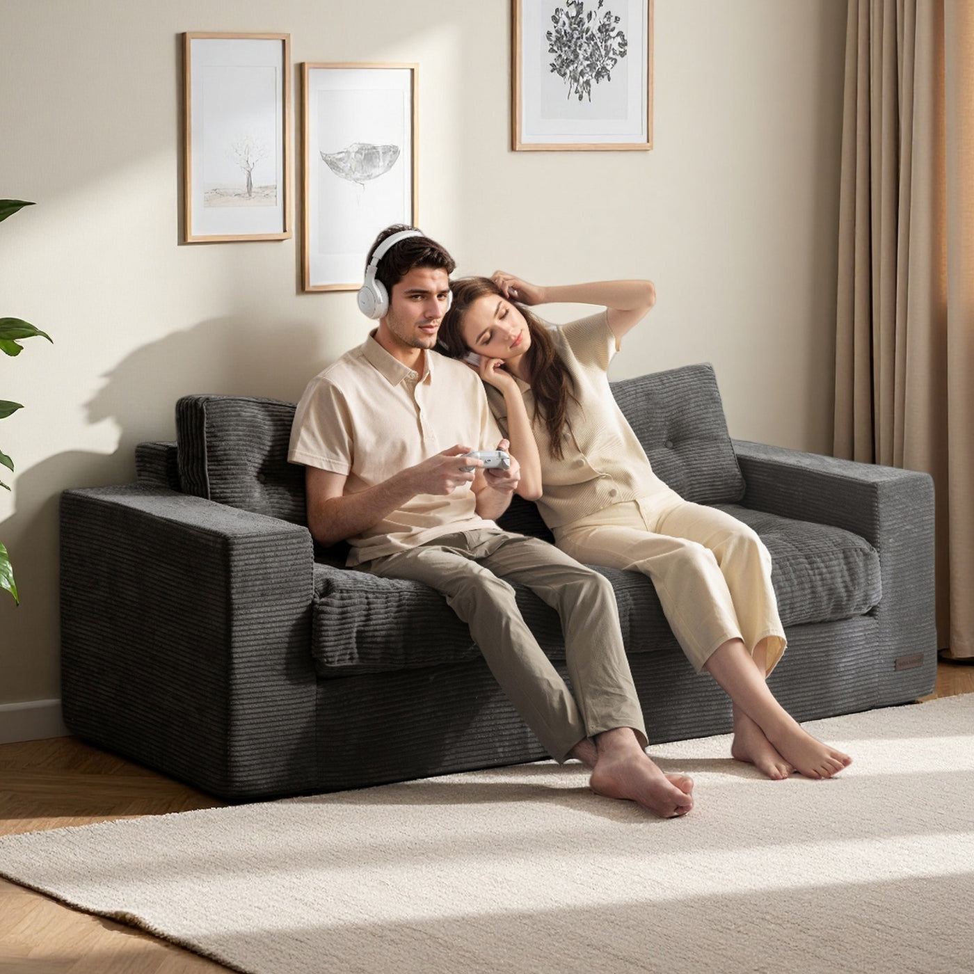 MAXYOYO 3 Seater Couch for Living Room - Boneless Couch, Sofa in A Box, No Assembly Required, Dark Grey
