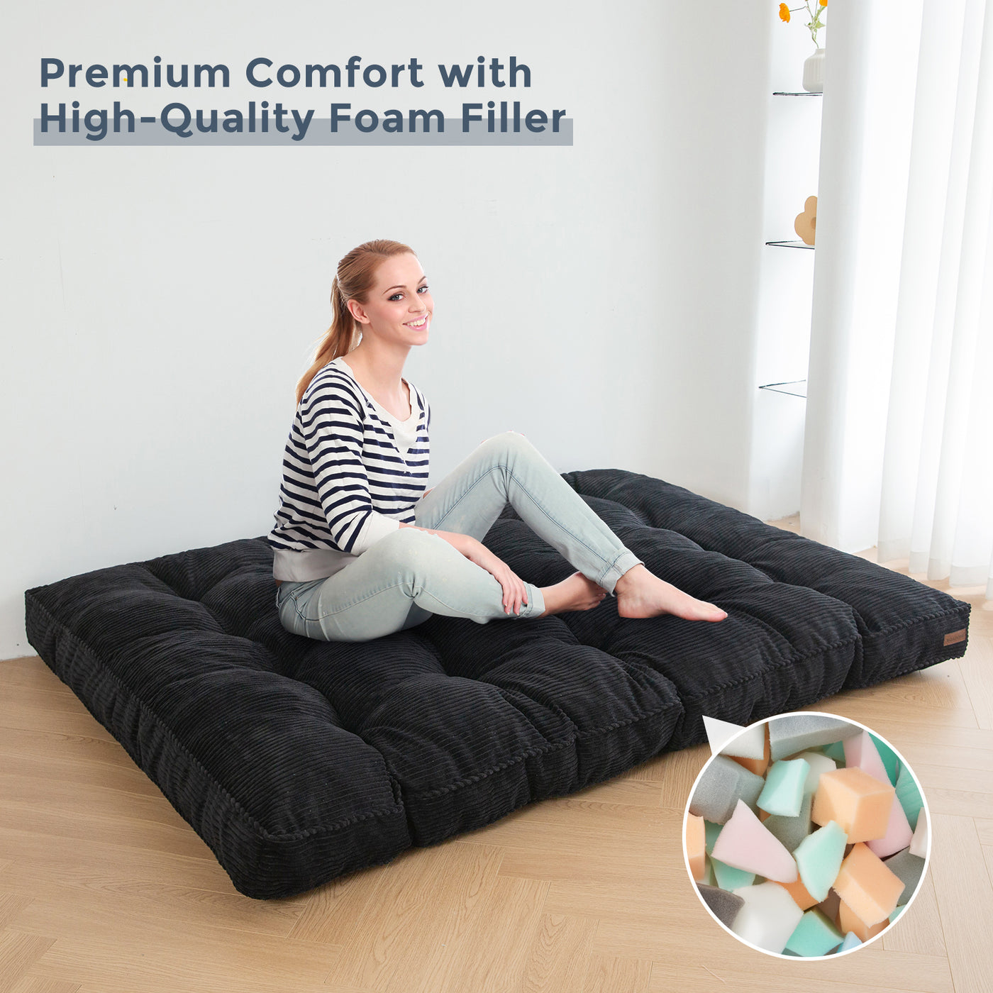 MAXYOYO 6" Tufted Futon Sofa Couch Bed, Thick Corduroy Fabric Floor Futon Mattress for Adults (Mattress Only), Black