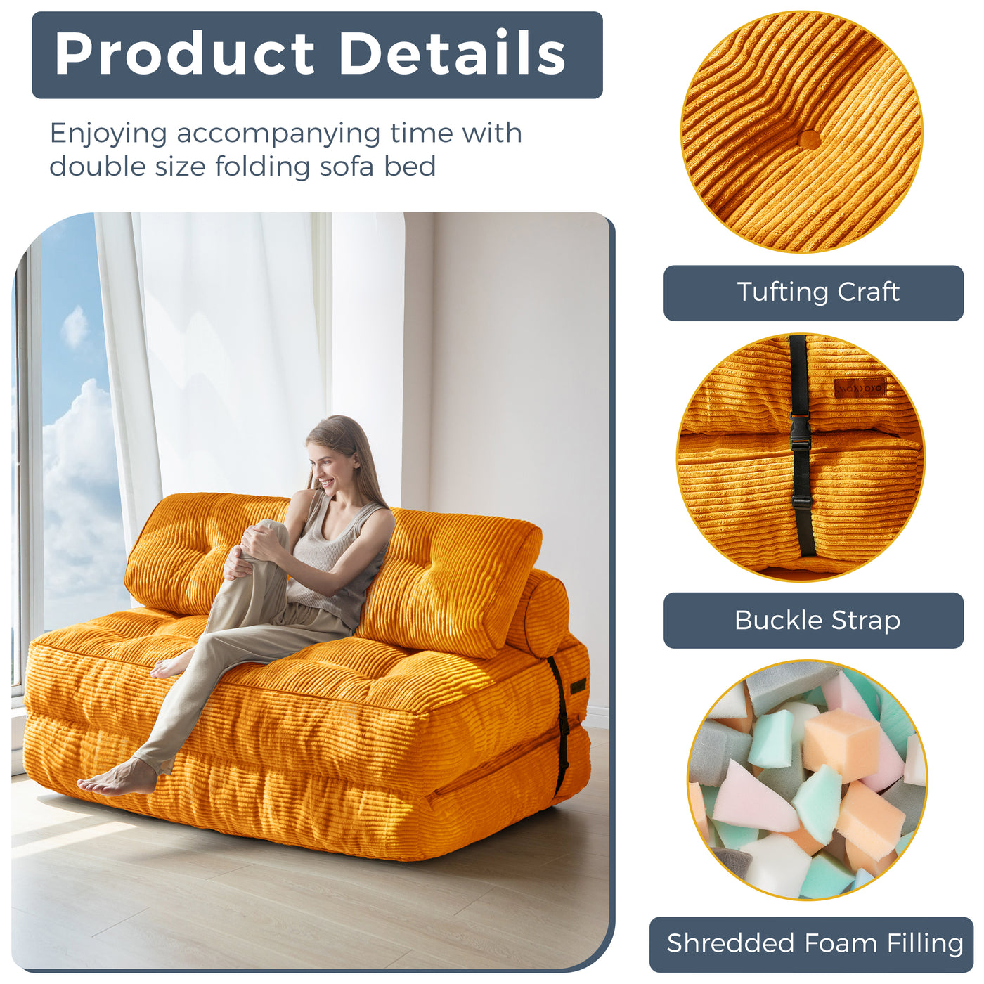 MAXYOYO Folding Sofa Bed, Convertible Sleeper Chair with Pillow Foldable Matress with Back Support, Portable Fold Out Chair Bed Comfy Floor Sofa Lounge for Living Room Bedroom, Orange Double