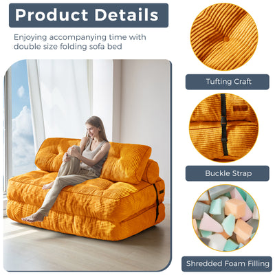 MAXYOYO Folding Sofa Bed, Convertible Sleeper Chair with Pillow Foldable Matress with Back Support, Portable Fold Out Chair Bed Comfy Floor Sofa Lounge for Living Room Bedroom, Orange Double