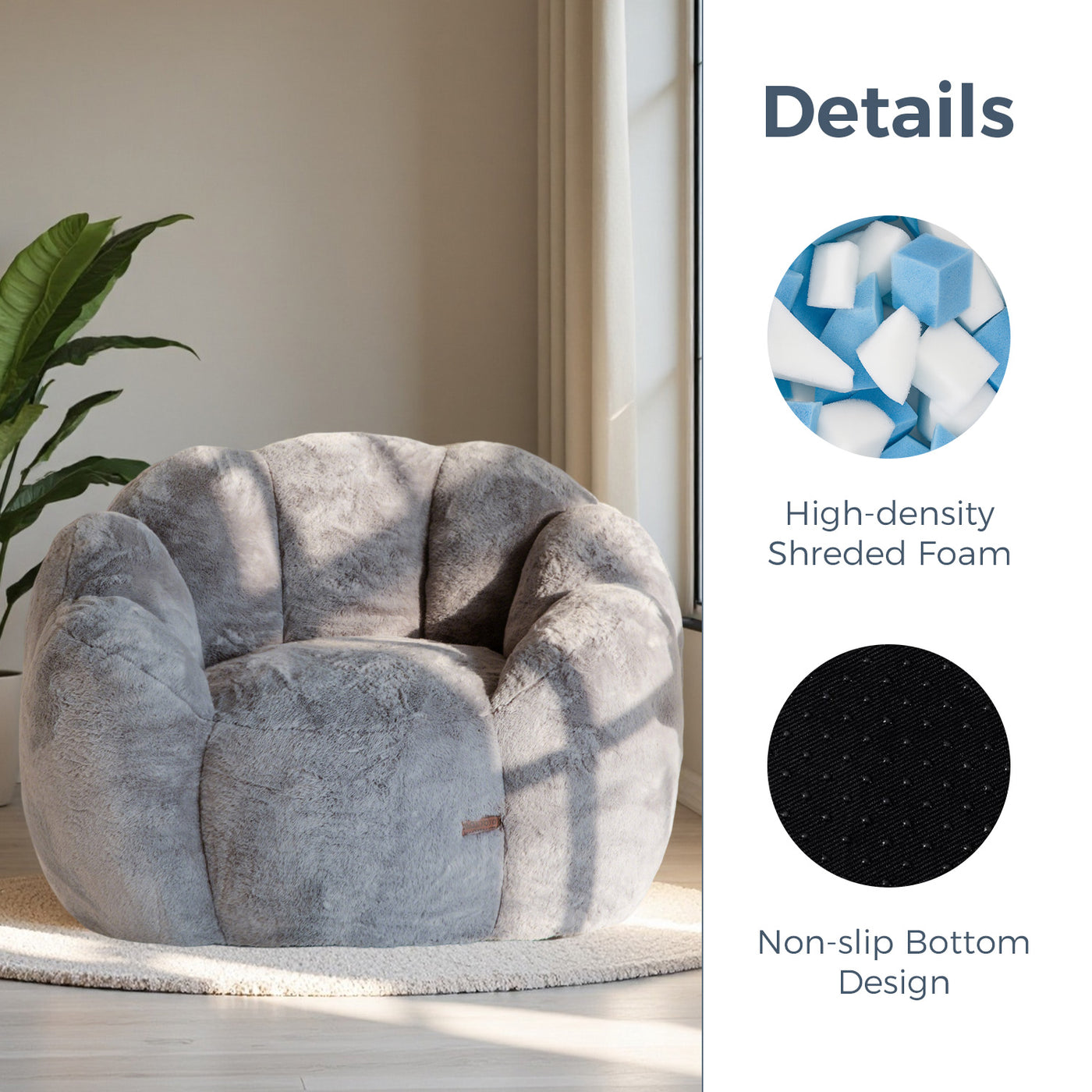 MAXYOYO Bean Bag Chair, Floral Shape Ultra Soft Faux Fur Petal Back Sofa for Adults, Single Size (Dark Grey)