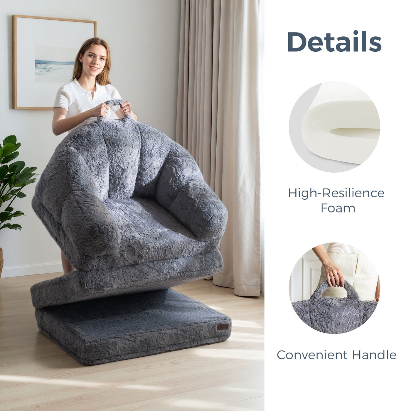 MAXYOYO 2-in-1 Folding Sofa Bed – Faux Fur Convertible Chair, Grey