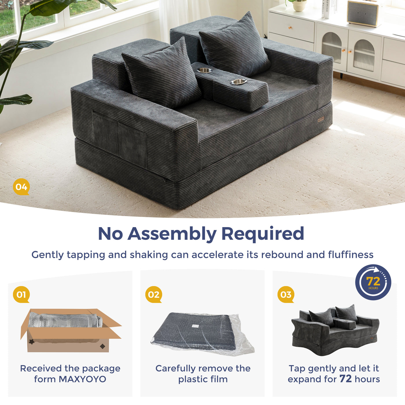 MAXYOYO Loveseat Sofa Bed, 4 in 1 Foldable Floor Sofa Couch in A Box with 2 Cup Holders, Convertible Boneless Couch Folding Recliner Sleeper Chair for Living Room, No Assembly Required
