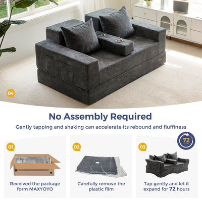 MAXYOYO Loveseat Sofa Bed, 4 in 1 Foldable Floor Sofa Couch in A Box with 2 Cup Holders, Convertible Boneless Couch Folding Recliner Sleeper Chair for Living Room, No Assembly Required