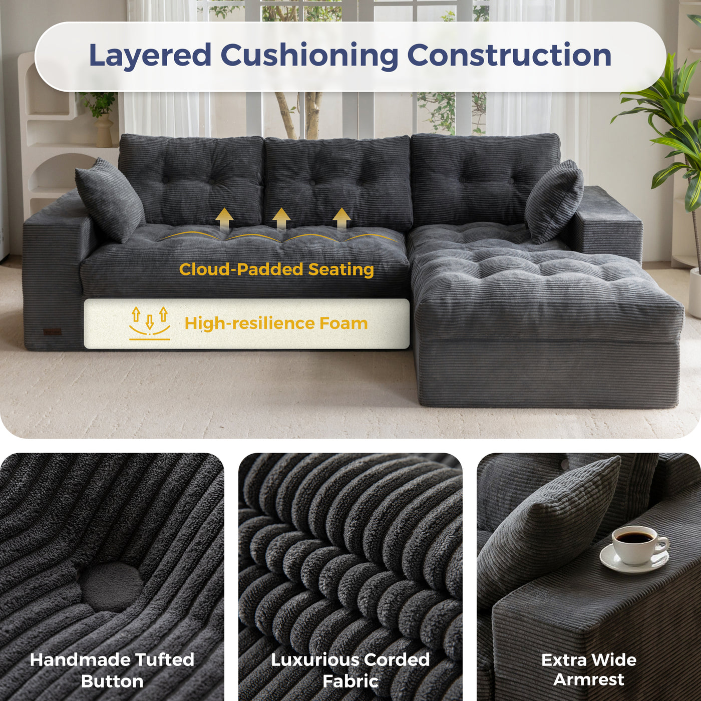 MAXYOYO L Shaped Sectional Sofa with Ottoman, Cloud Boneless Couch with Layered Cushion, Upholstered Modular Sofa with Tufting, Flexible Module Combination for Living Room, No Assembly, Dark Grey