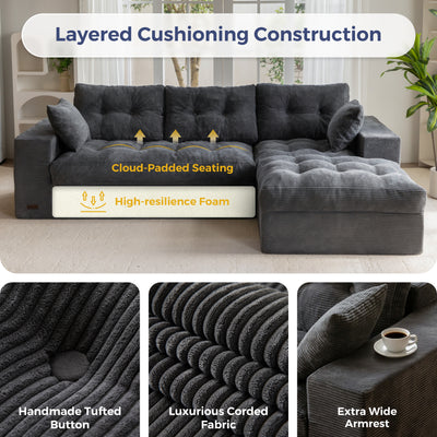 MAXYOYO L Shaped Sectional Sofa with Ottoman, Cloud Boneless Couch with Layered Cushion, Upholstered Modular Sofa with Tufting, Flexible Module Combination for Living Room, No Assembly, Dark Grey