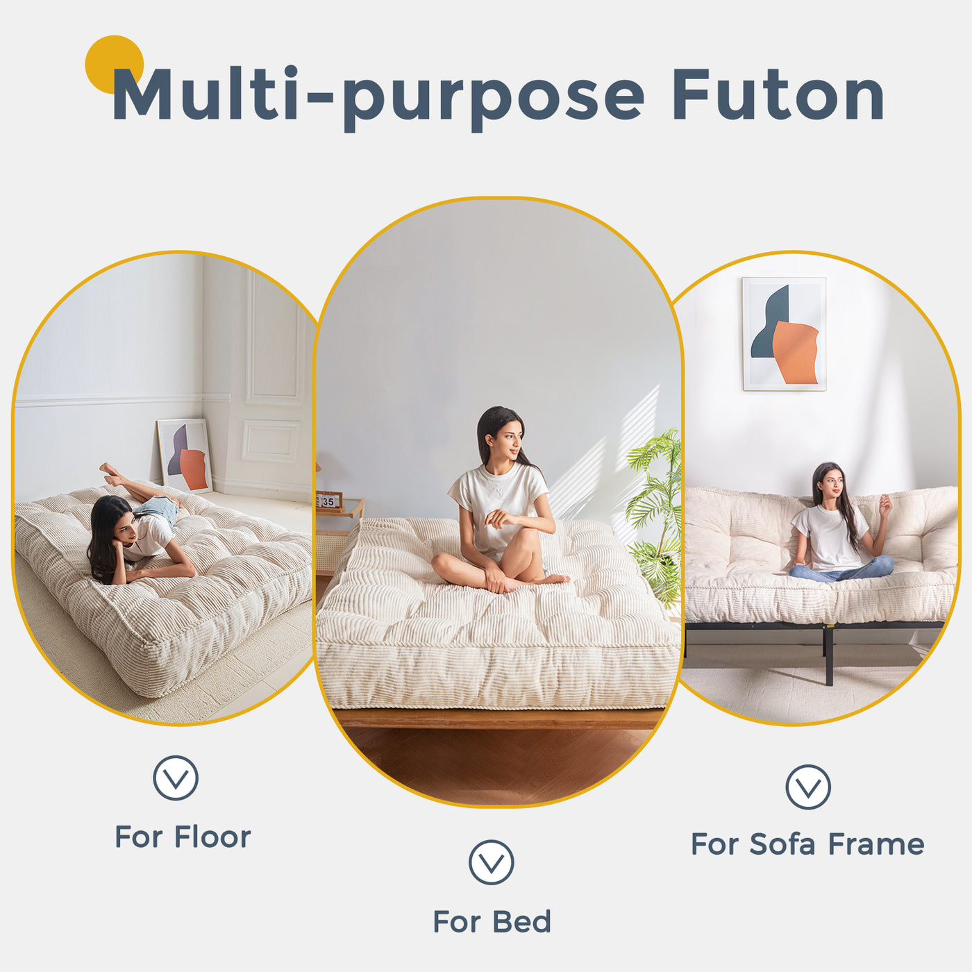 MAXYOYO 8" Futon Mattress Full Size, Ultra Thick Futons Sofa Couch Bed Tufted Sleeper Sofa Bed, Floor Mattress for Adults, Shredded Foam Filling (Frame Not Included), Beige