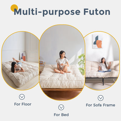 MAXYOYO 8" Futon Mattress Full Size, Ultra Thick Futons Sofa Couch Bed Tufted Sleeper Sofa Bed, Floor Mattress for Adults, Shredded Foam Filling (Frame Not Included), Beige