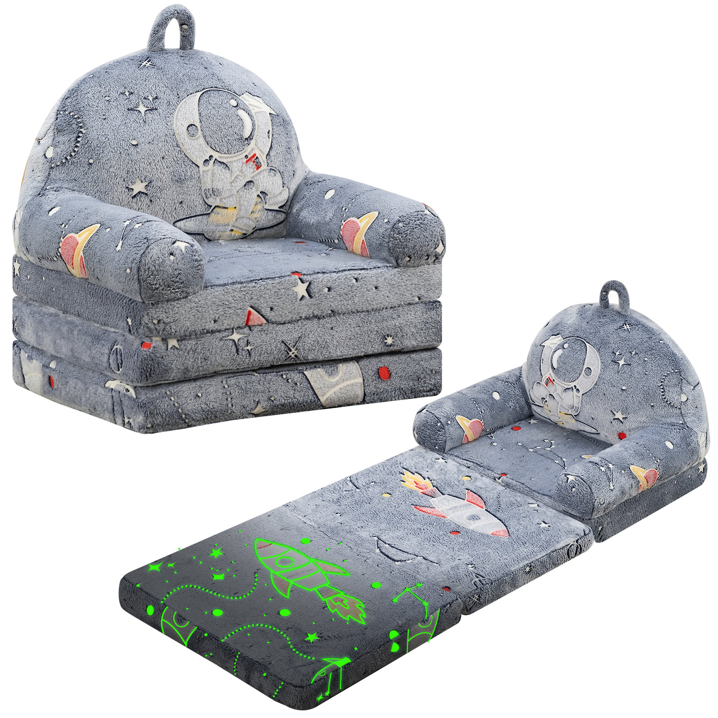 MAXYOYO Plush Foldable Kids Sofa, Shiny Children Couch Backrest Armchair Bed, Rocket Pattern