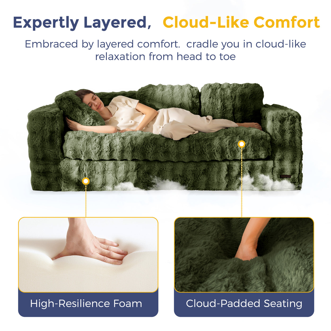 MAXYOYO 3 Seater Sofa for Living Room, Tufted Boneless Couch Bubbled Sofa Couch, Comfy Bean Bag Chair for Bedroom Apartment, No Assembly Needed