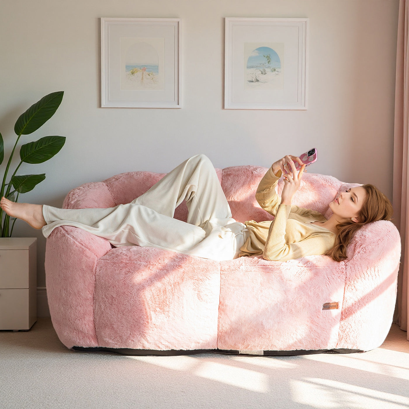 MAXYOYO Bean Bag Chair, Ultra Soft Faux Fur Loveseat Floral Petal Back Sofa for Adults, Double Size (Pink)