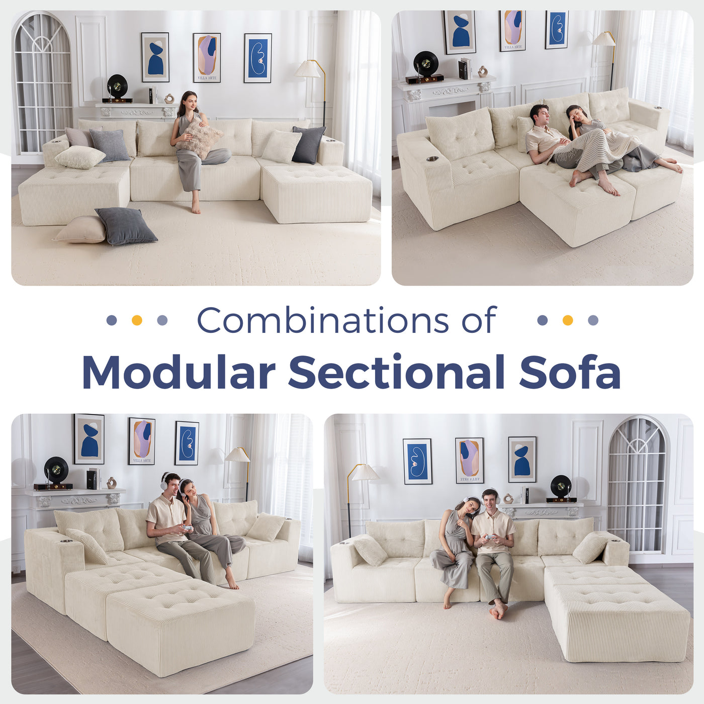 MAXYOYO Modular Sectional Sofa Couch, U Shaped Modern Cloud Couch with 2 Ottomans, Sofa in A Box, Tufted 6-Seat Boneless Sleeper Chair for Living Room, No Assembly Required, Beige
