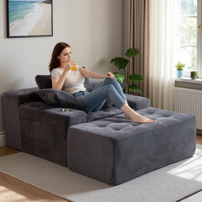 MAXYOYO Oversized Chaise Lounge Sofa with Ottoman – Deep Seat Tufted Floor Couch, No-Assembly, Grey
