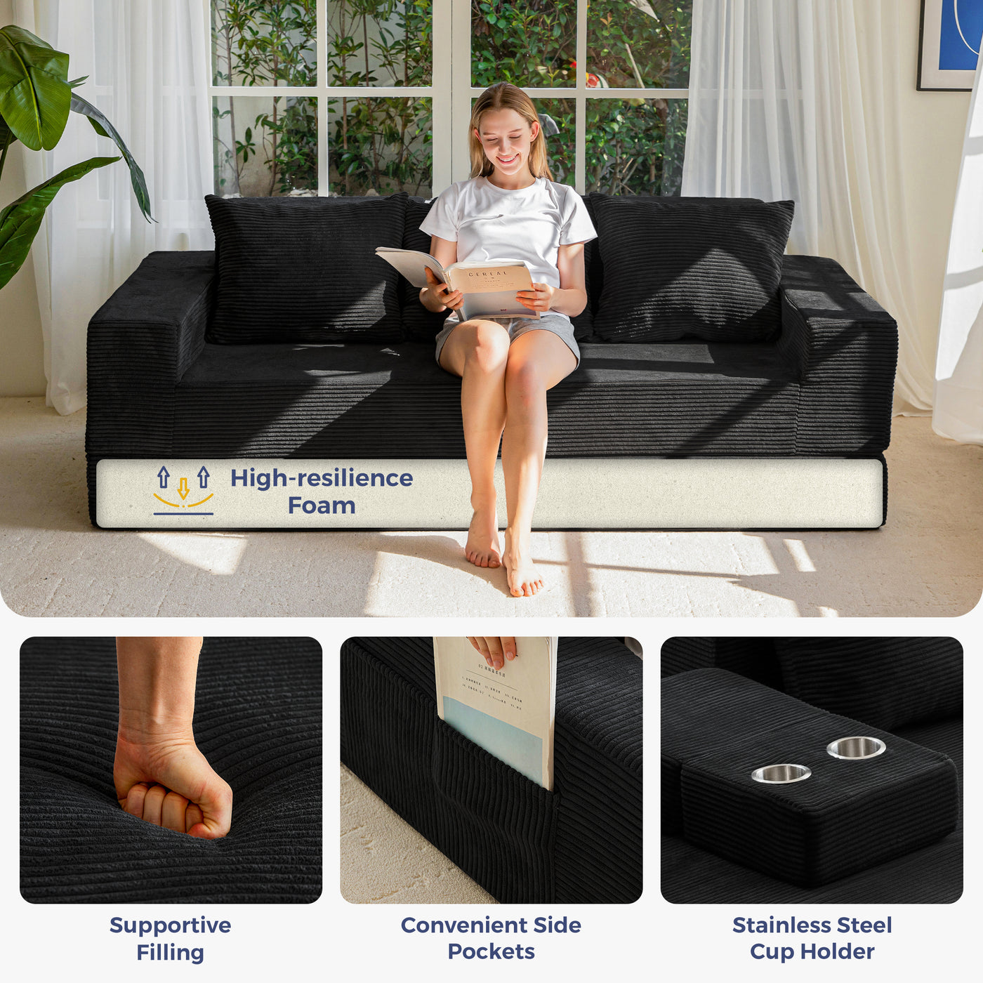 MAXYOYO Sofa Bed, 4 in 1 Foldable Floor Sofa Couch in A Box with 2 Cup Holders, Convertible 3 Seater Boneless Couch Folding Recliner Sleeper Chair for Living Room, No Assembly Required