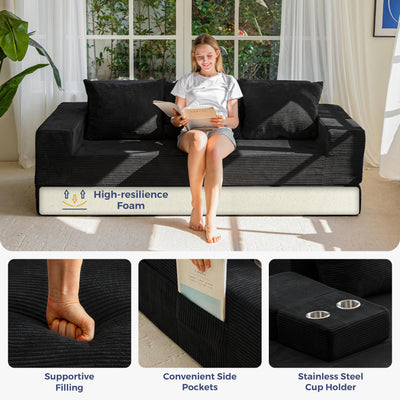 MAXYOYO Sofa Bed, 4 in 1 Foldable Floor Sofa Couch in A Box with 2 Cup Holders, Convertible 3 Seater Boneless Couch Folding Recliner Sleeper Chair for Living Room, No Assembly Required