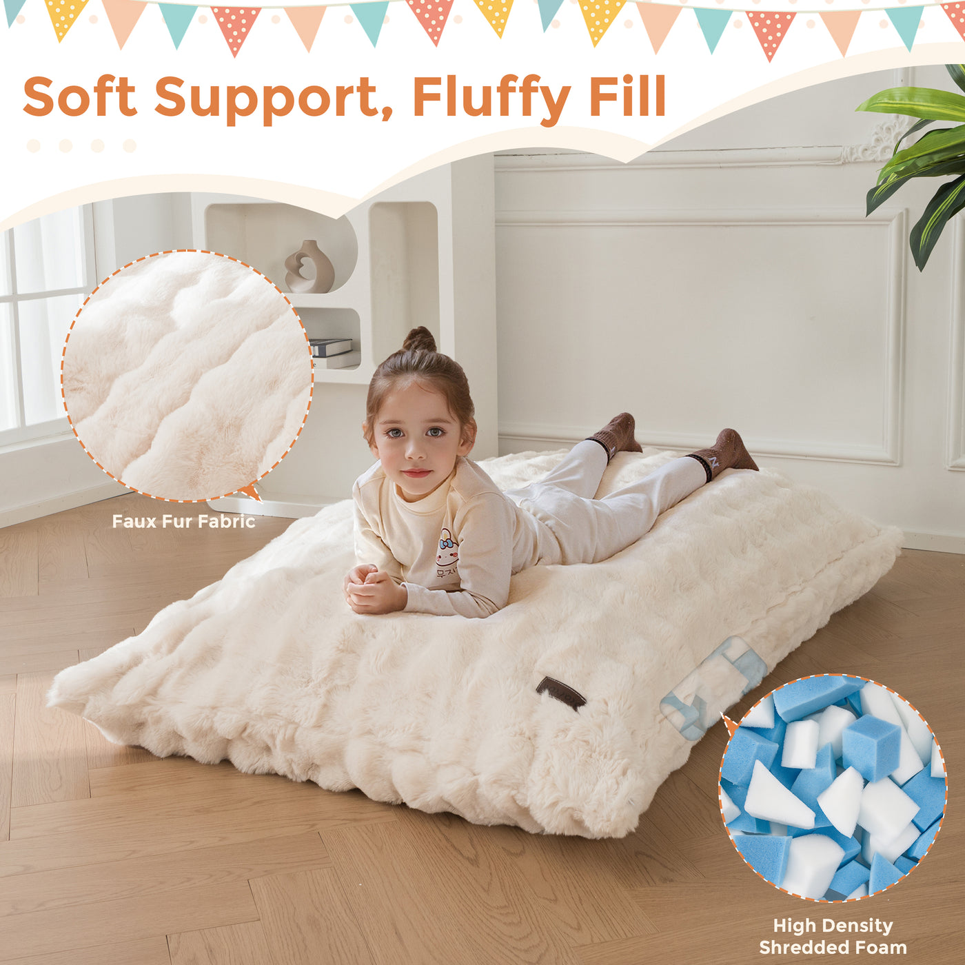 MAXYOYO 3 in 1 Kids Bean Bag Chair Bed, Child Floor Sofa for Gaming, Reading, Faux Fur Floor Mattress with High-Density Foam Filling for Living Room Bedroom