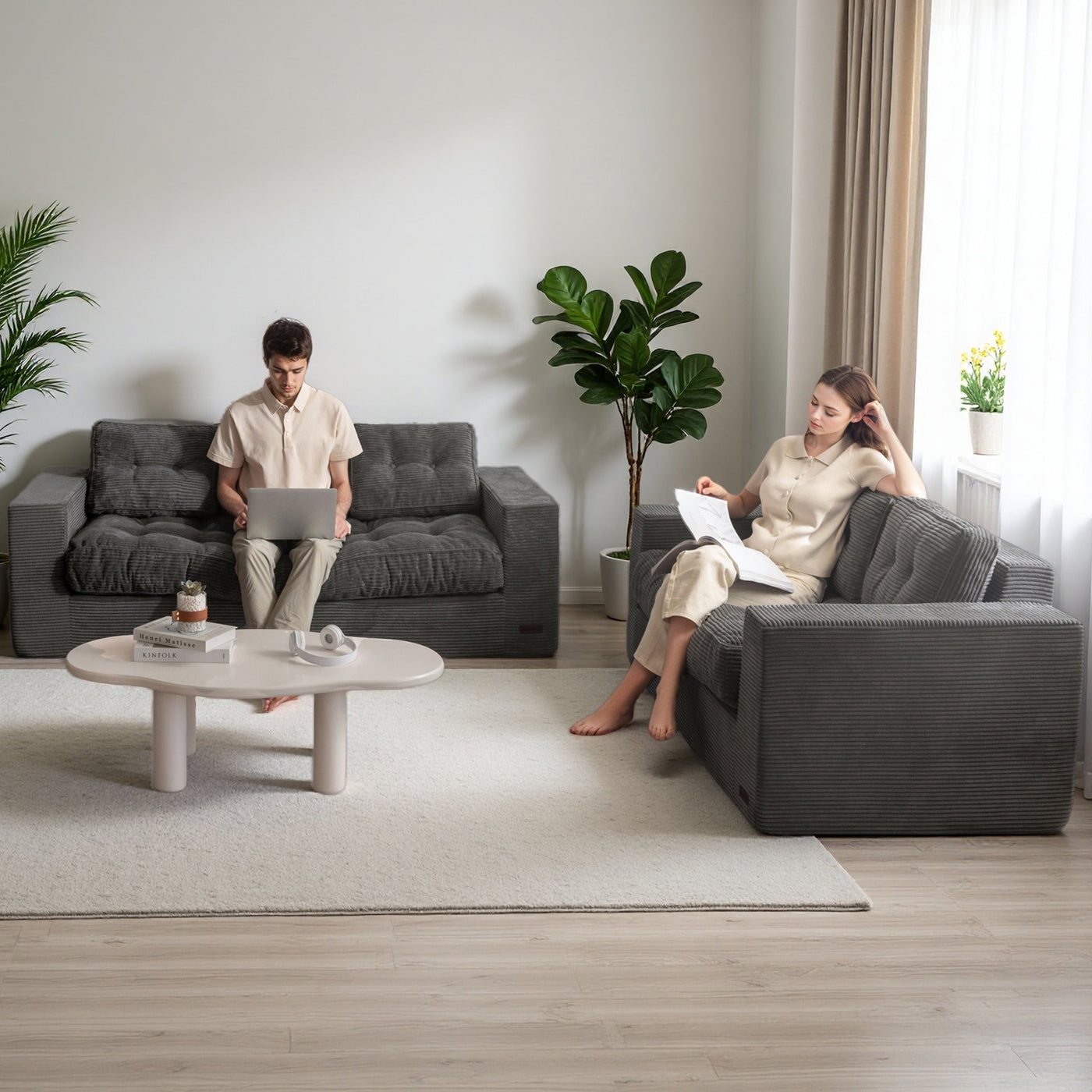 MAXYOYO 3 Seater Couch for Living Room - Boneless Couch, Sofa in A Box, No Assembly Required, Dark Grey