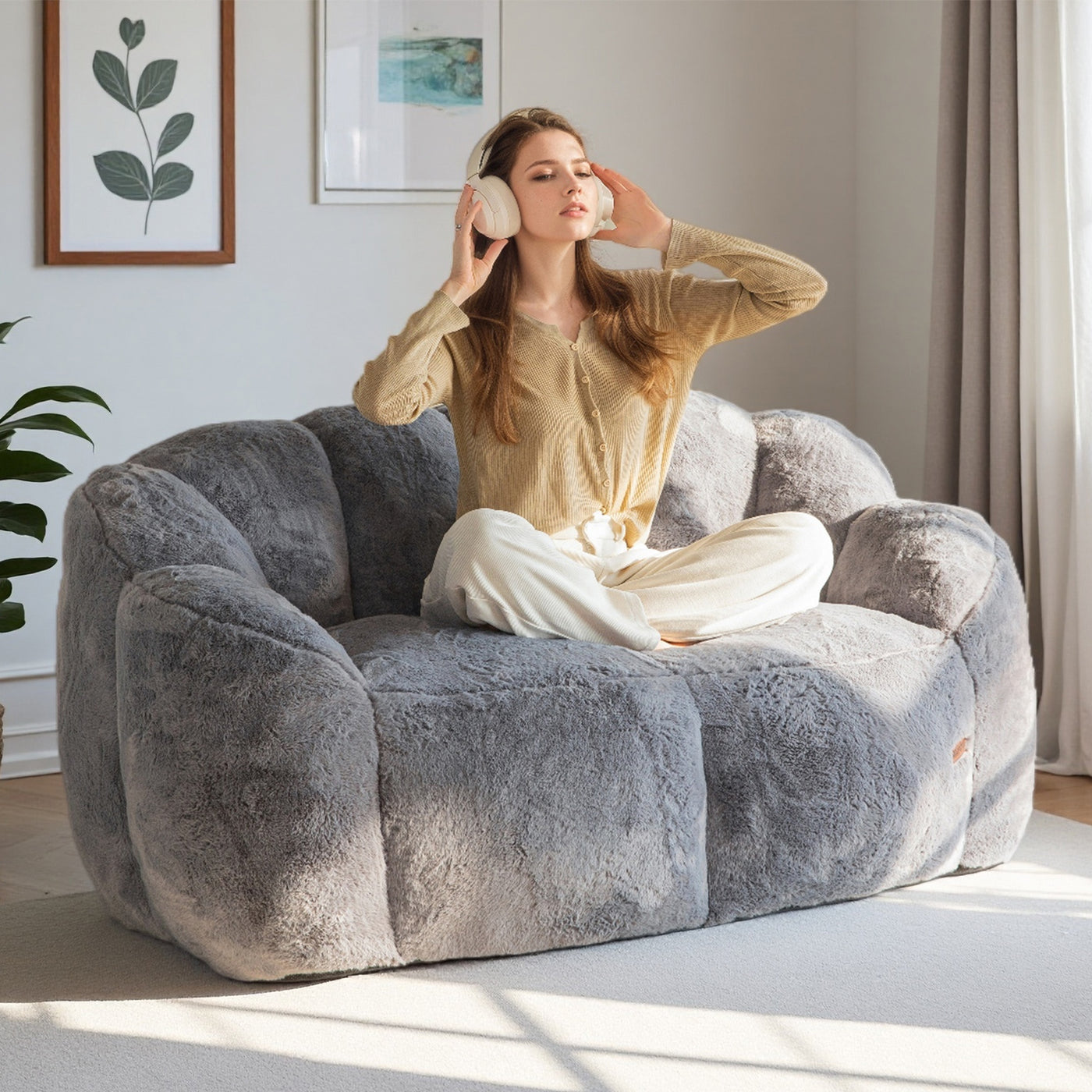 MAXYOYO Bean Bag Chair, Ultra Soft Faux Fur Loveseat Floral Petal Back Sofa for Adults, Double Size (Dark Grey)