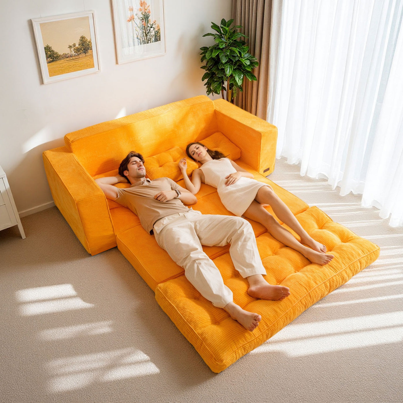 MAXYOYO 3-Seater Convertible Sofa Bed – Corded 2-in-1 Pull-Out Floor Couch with Pillows for Living Room, No Assembly