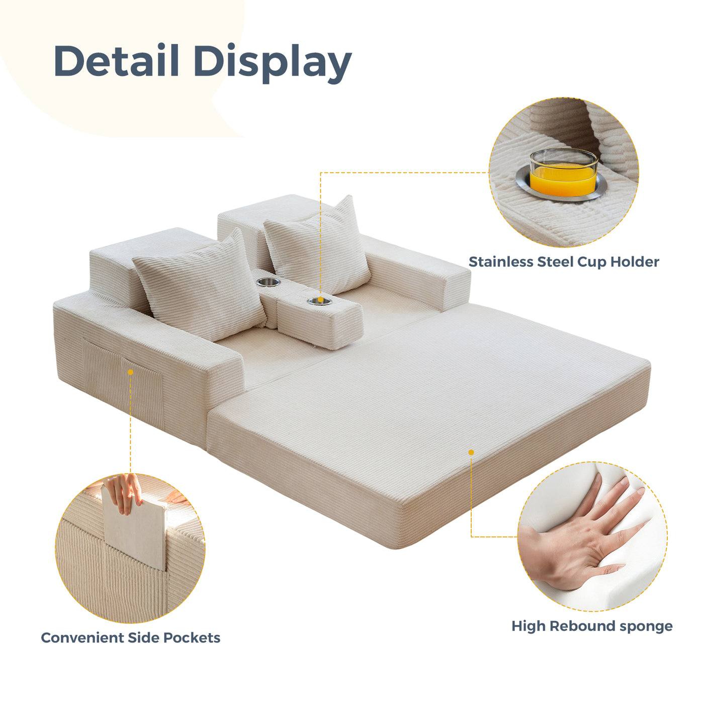 MAXYOYO Convertible Loveseat Sofa Bed – Corded Foldable Floor Recliner with Cup Holders, Beige