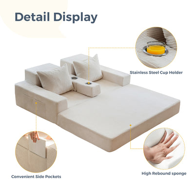 MAXYOYO Convertible Loveseat Sofa Bed – Corded Foldable Floor Recliner with Cup Holders, Beige