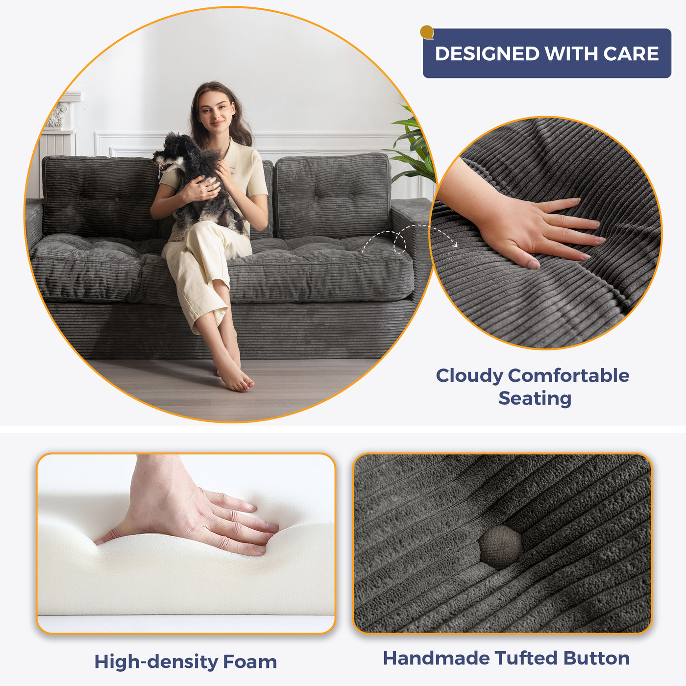 MAXYOYO 3 Seater Couch for Living Room, Boneless Couch with Tufted Cushion & Backrest, Upholstered Floor Sofa with Armrests, Sofa in A Box, No Assembly Required