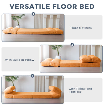 MAXYOYO Bean Bag Folding Sofa Bed, Corduroy Extra-Wide Foldable Floor Mattress, Orange