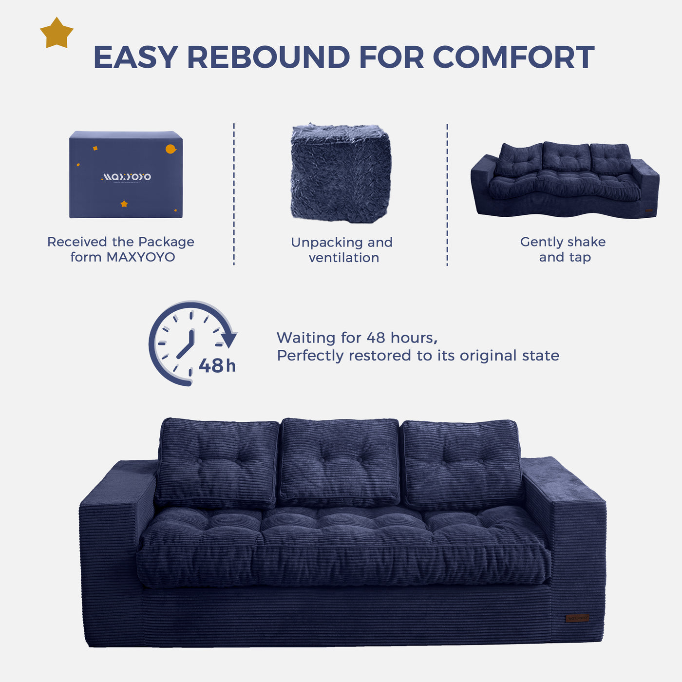 MAXYOYO 3 Seater Couch for Living Room, Boneless Couch with Tufted Cushion & Backrest, Upholstered Floor Sofa with Armrests, Sofa in A Box, No Assembly Required